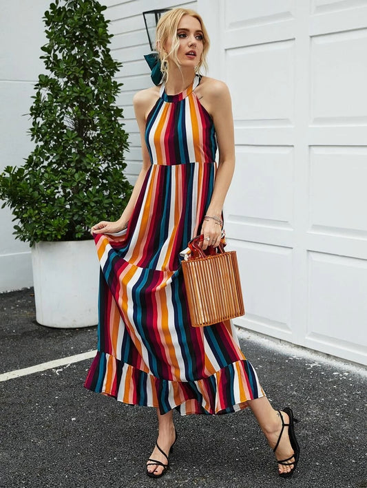 CM-DS415289 Women Trendy Bohemian Style Multi-Color Stripe Ruffle Hem Halter Long Dress
