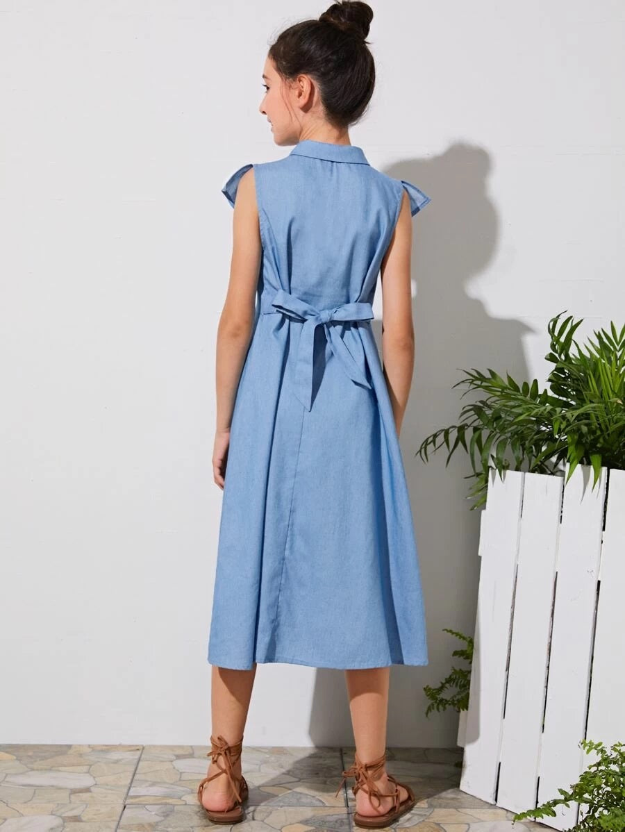 CM-KDS427820 Girls Elegant Sleeveless Ruffle Detail Tie Back Flare Long Dress - Blue