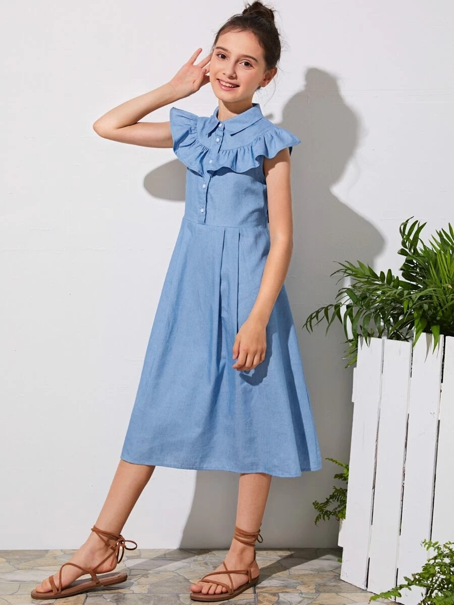 CM-KDS427820 Girls Elegant Sleeveless Ruffle Detail Tie Back Flare Long Dress - Blue