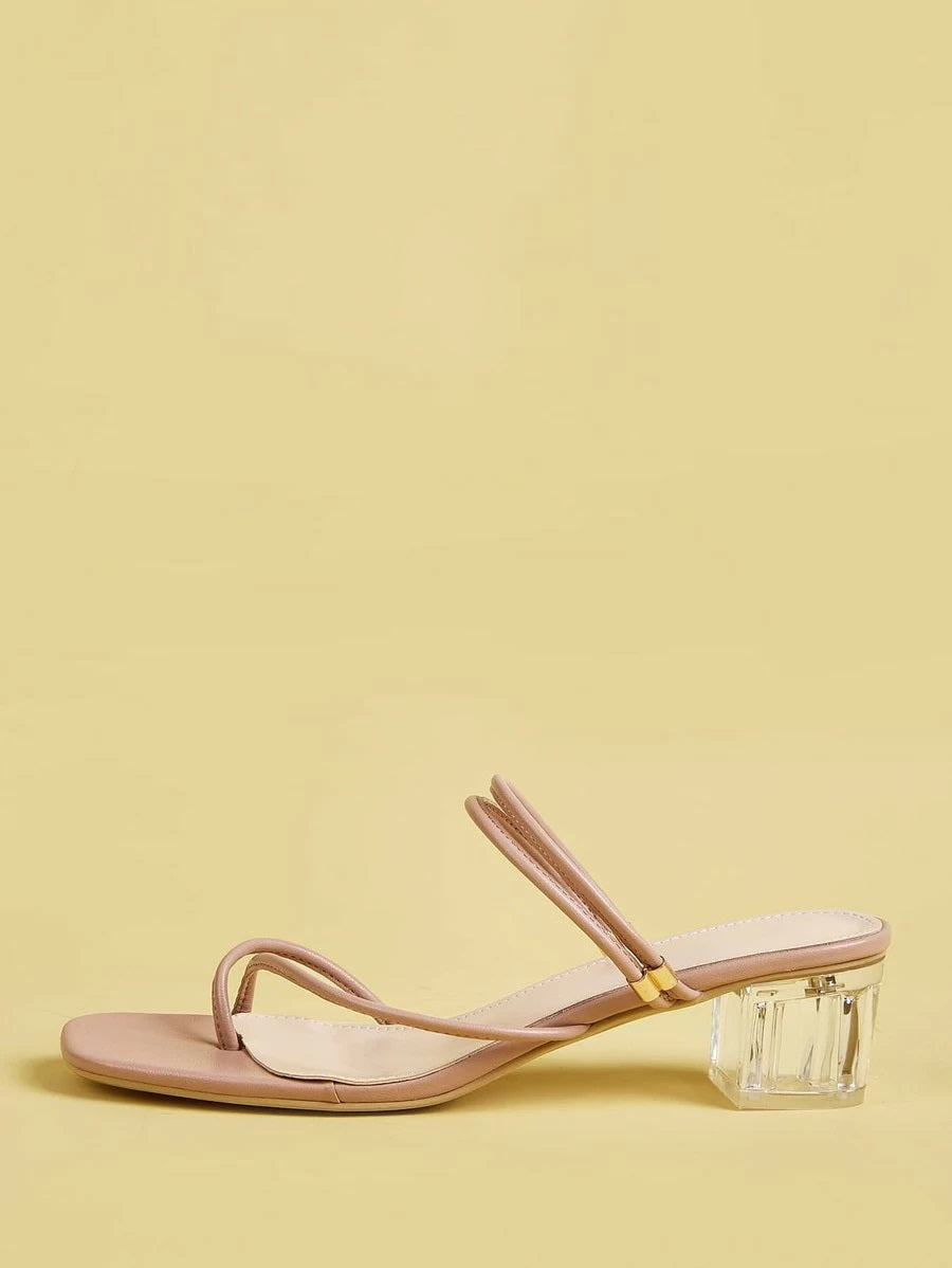 CM-SHS427826 Women Trendy Classic Style Toe Post Thin Strap Block Heeled Mules - Pink