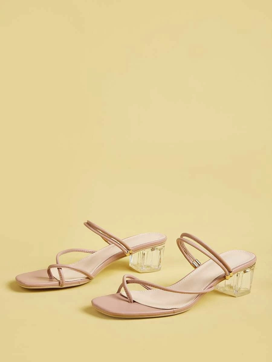CM-SHS427826 Women Trendy Classic Style Toe Post Thin Strap Block Heeled Mules - Pink