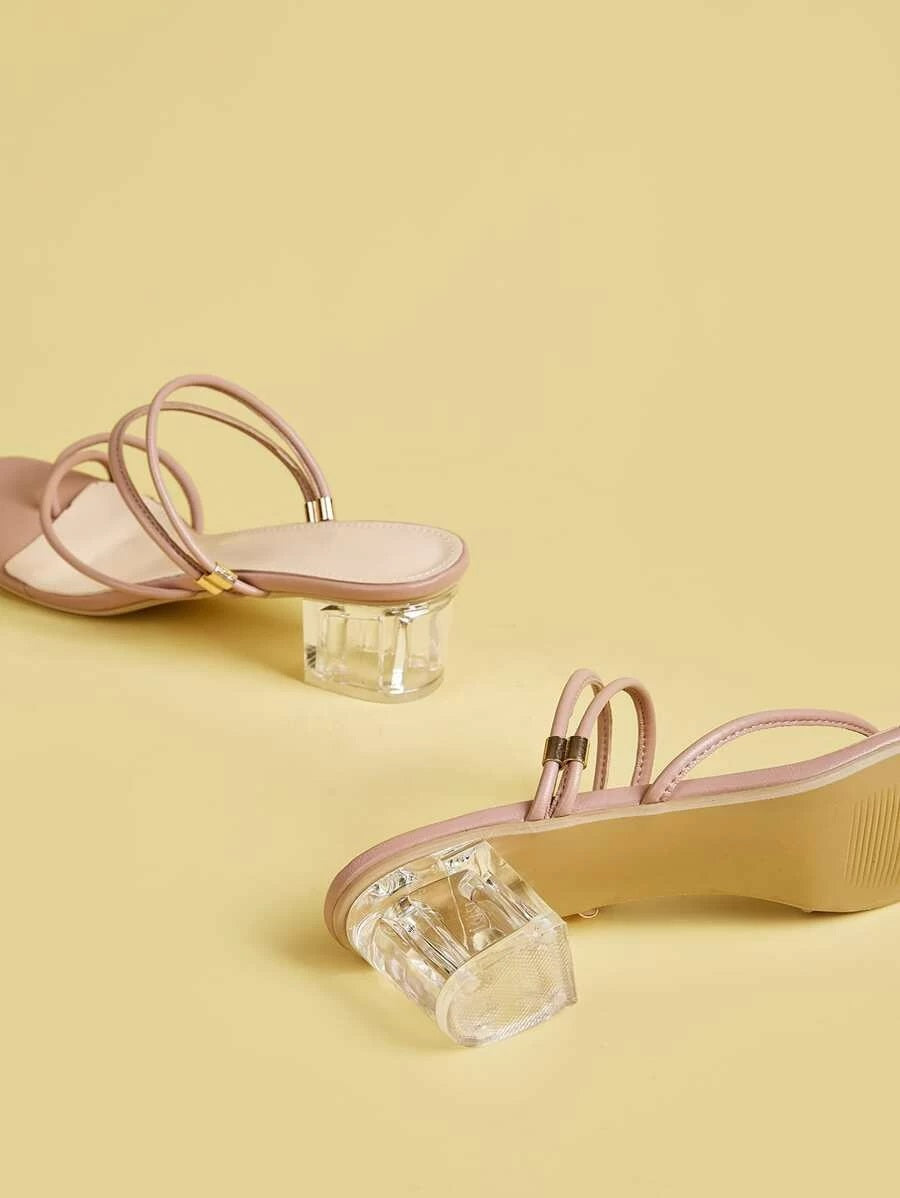 CM-SHS427826 Women Trendy Classic Style Toe Post Thin Strap Block Heeled Mules - Pink