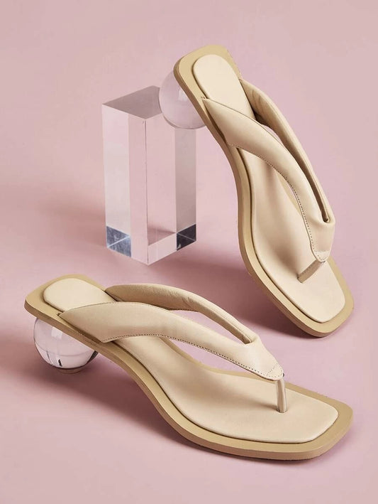 CM-SHS427863 Women Trendy Seoul Style Toe Post Chunky Heeled Mules - Beige