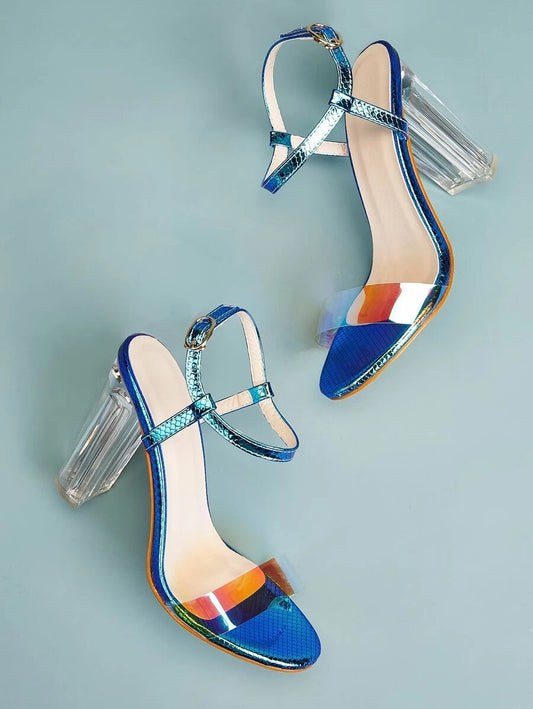 CM-SHS427134 Women Elegant Seoul Style Holographic Ankle Strap Chunky Heels - Blue