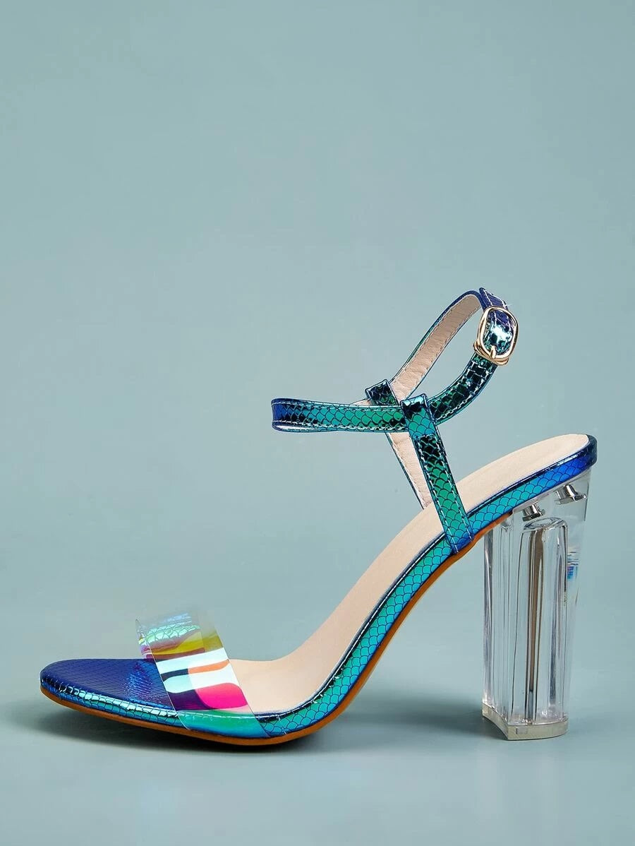 CM-SHS427134 Women Elegant Seoul Style Holographic Ankle Strap Chunky Heels - Blue