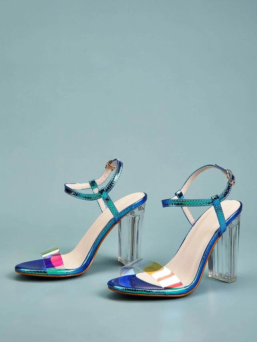 CM-SHS427134 Women Elegant Seoul Style Holographic Ankle Strap Chunky Heels - Blue