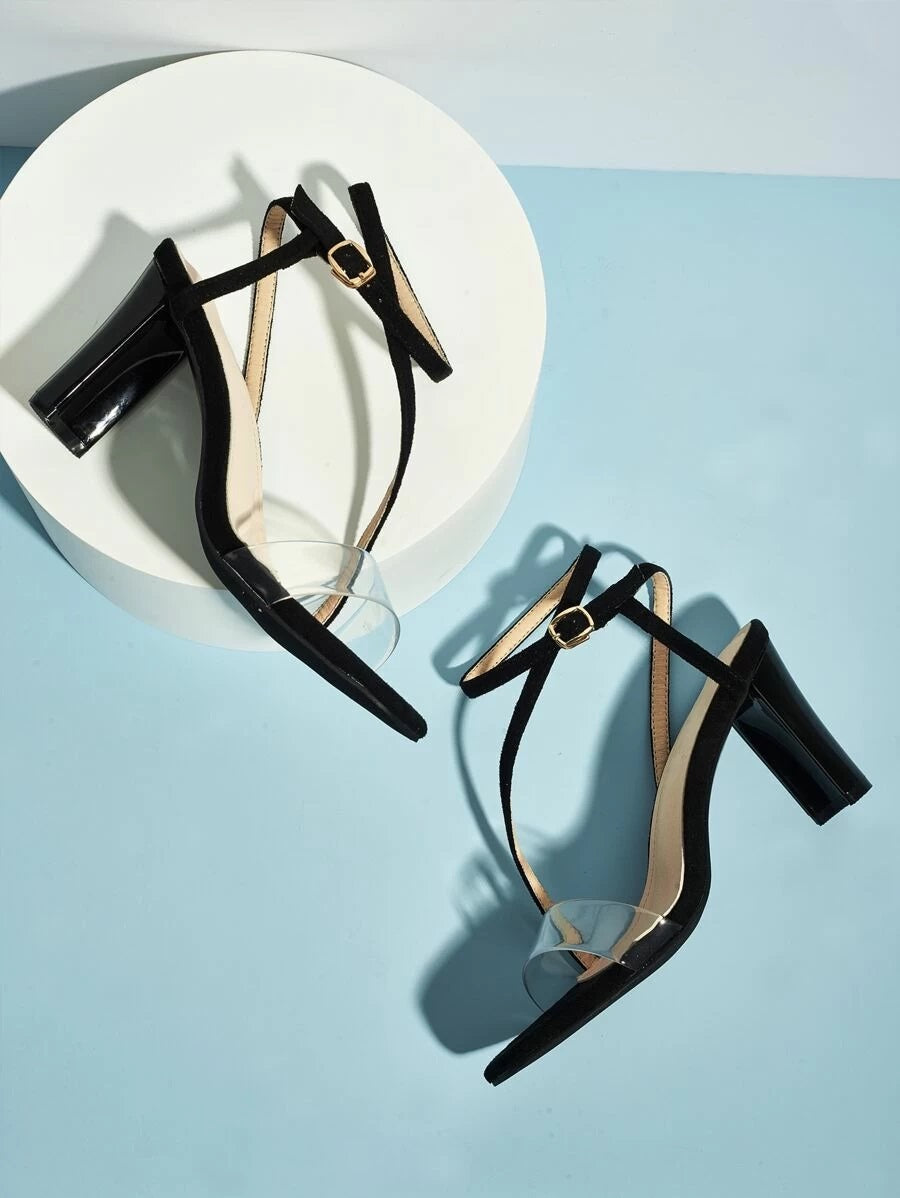 CM-SHS427255 Women Trendy Classic Style Clear Ankle Strap Chunky Heels - Black