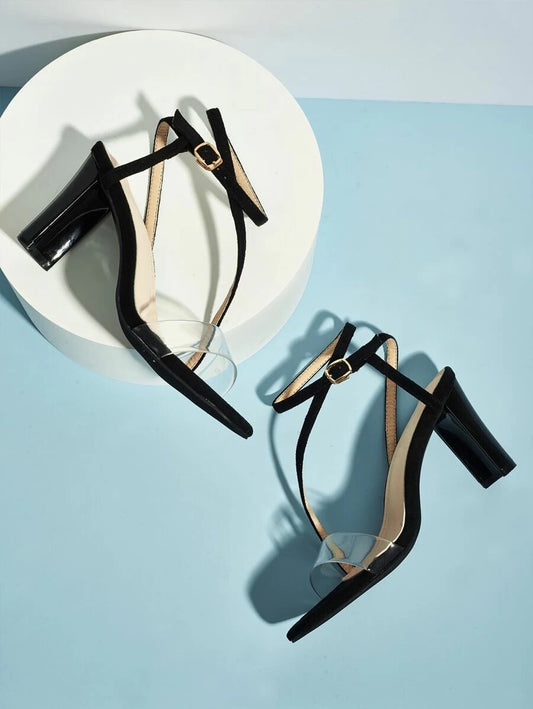 CM-SHS427255 Women Trendy Classic Style Clear Ankle Strap Chunky Heels - Black