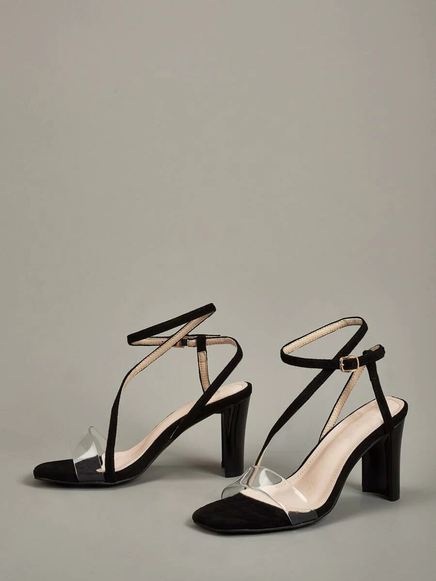 CM-SHS427255 Women Trendy Classic Style Clear Ankle Strap Chunky Heels - Black