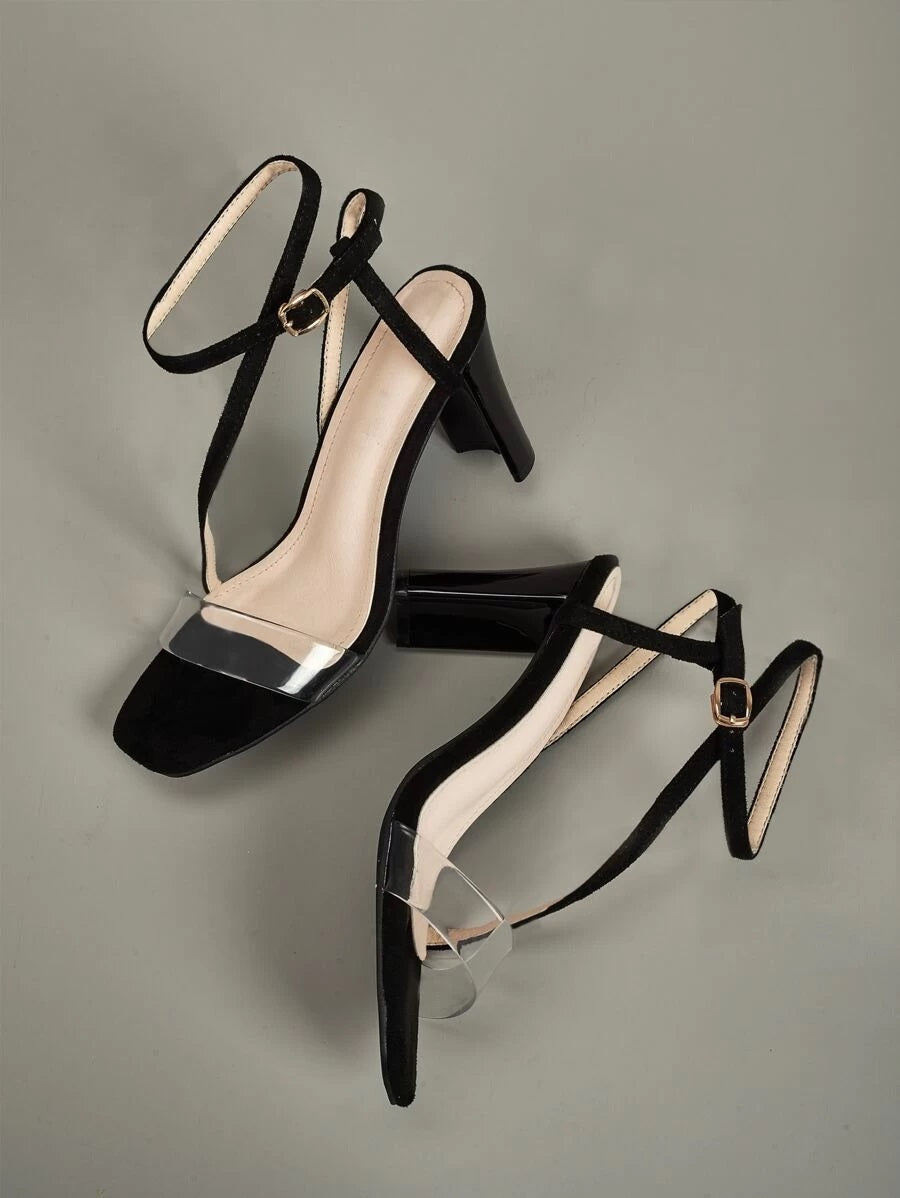 CM-SHS427255 Women Trendy Classic Style Clear Ankle Strap Chunky Heels - Black