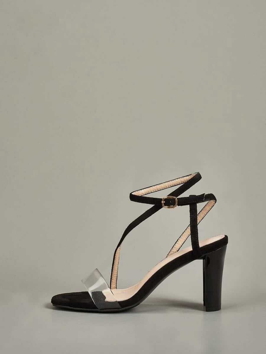 CM-SHS427255 Women Trendy Classic Style Clear Ankle Strap Chunky Heels - Black