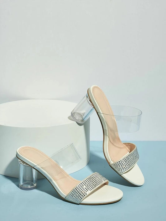 CM-SHS427203 Women Elegant Seoul Style Rhinestone Double Band Chunky Heeled Mules