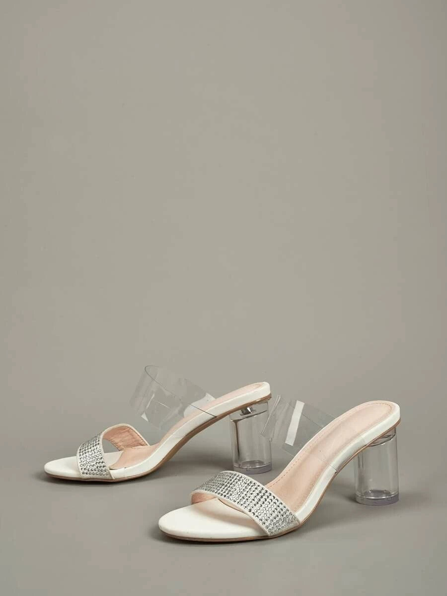 CM-SHS427203 Women Elegant Seoul Style Rhinestone Double Band Chunky Heeled Mules