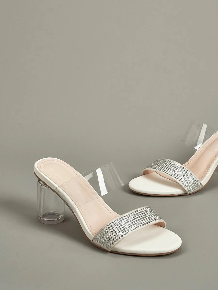 CM-SHS427203 Women Elegant Seoul Style Rhinestone Double Band Chunky Heeled Mules