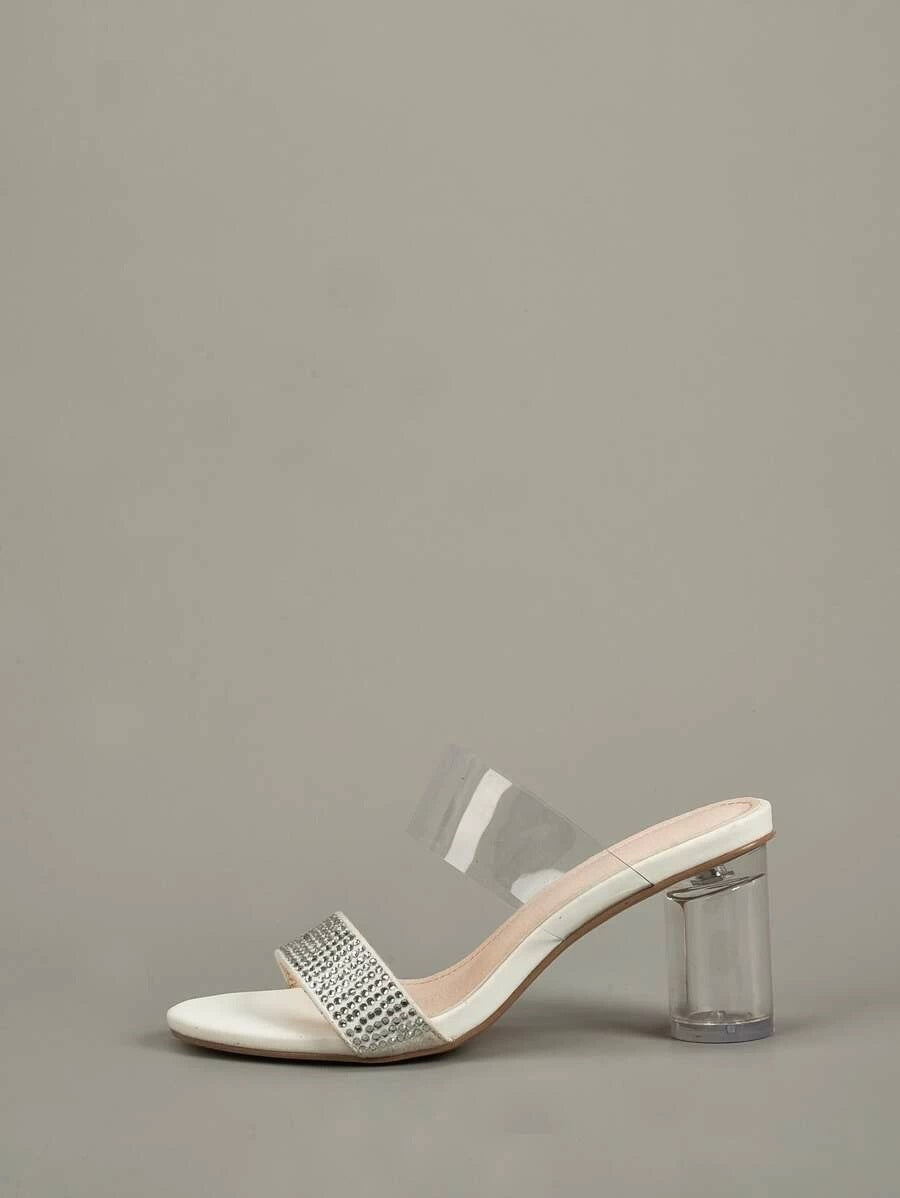 CM-SHS427203 Women Elegant Seoul Style Rhinestone Double Band Chunky Heeled Mules