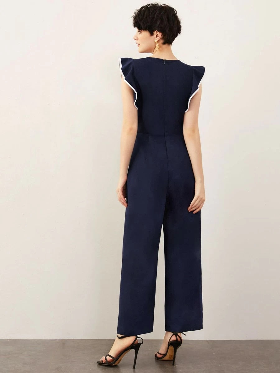 CM-JS303914 Women Elegant Seoul Style Cap Sleeve Contrast Trim Ruffle Armhole Palazzo Jumpsuit - Navy Blue