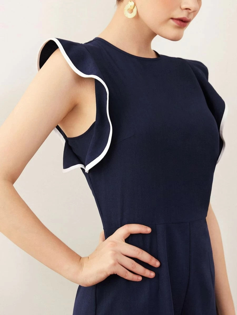 CM-JS303914 Women Elegant Seoul Style Cap Sleeve Contrast Trim Ruffle Armhole Palazzo Jumpsuit - Navy Blue