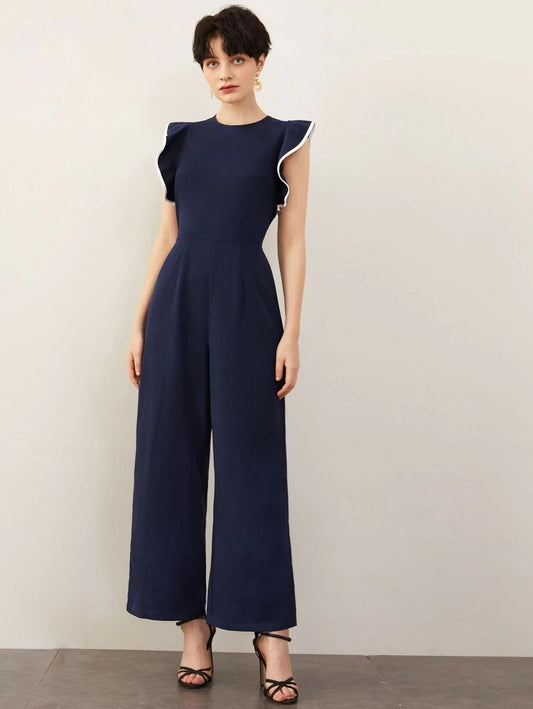 CM-JS303914 Women Elegant Seoul Style Cap Sleeve Contrast Trim Ruffle Armhole Palazzo Jumpsuit - Navy Blue