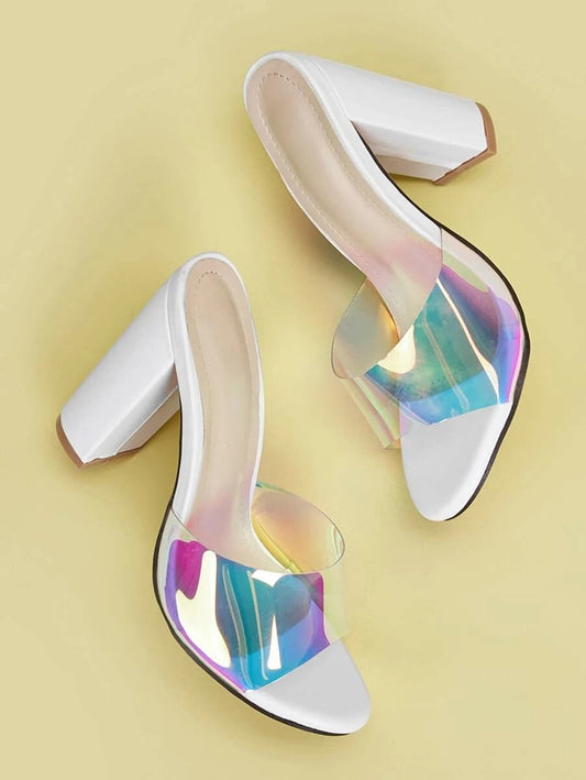 CM-SHS427465 Women Trendy Classic Holographic Chunky Heeled Mules