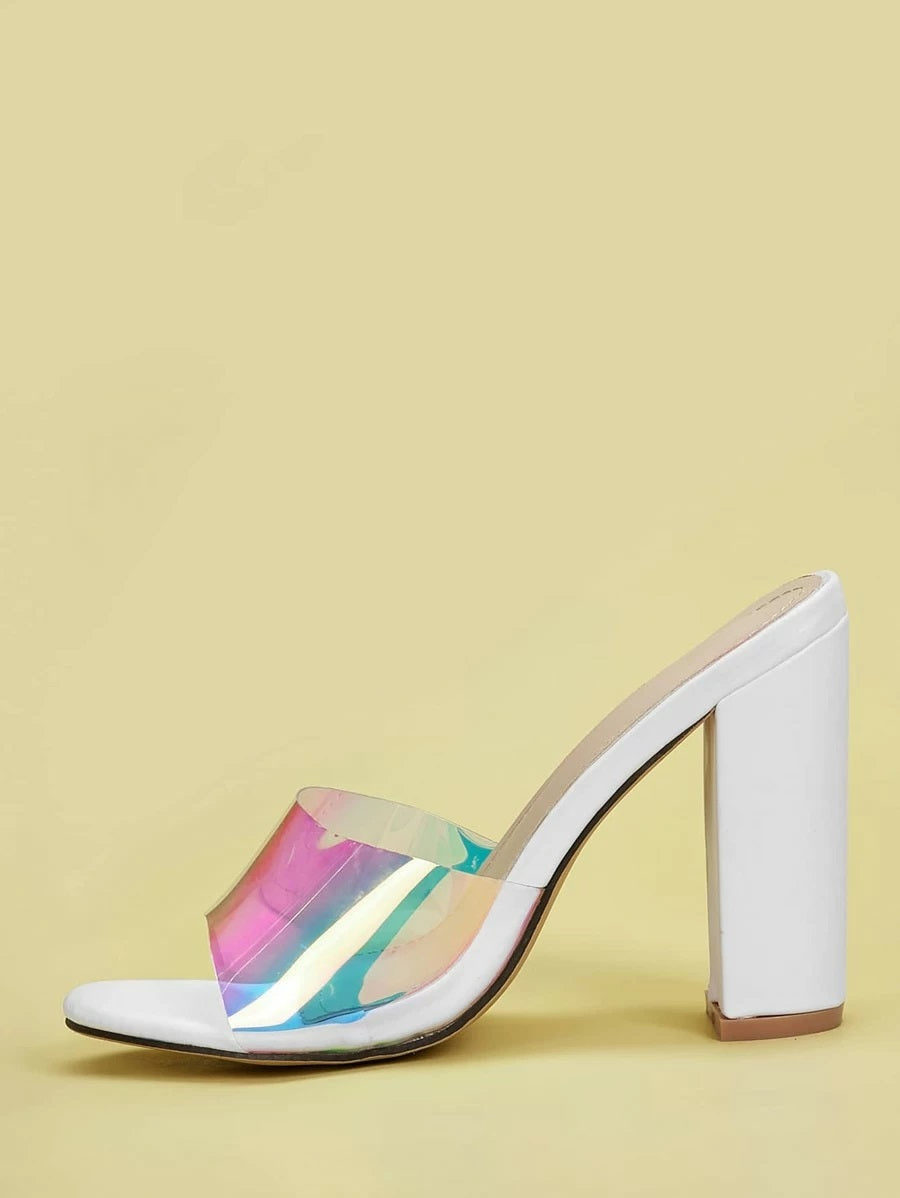 CM-SHS427465 Women Trendy Classic Holographic Chunky Heeled Mules