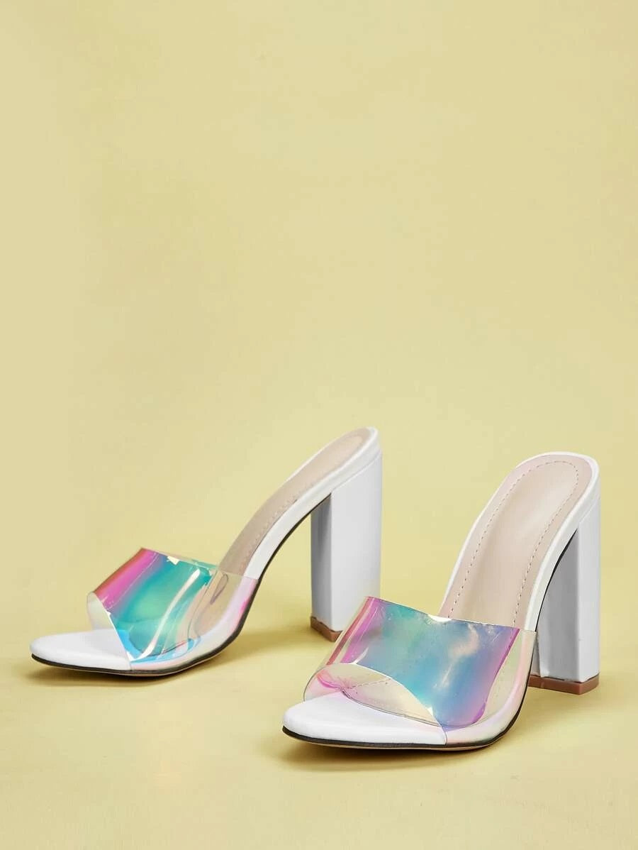 CM-SHS427465 Women Trendy Classic Holographic Chunky Heeled Mules