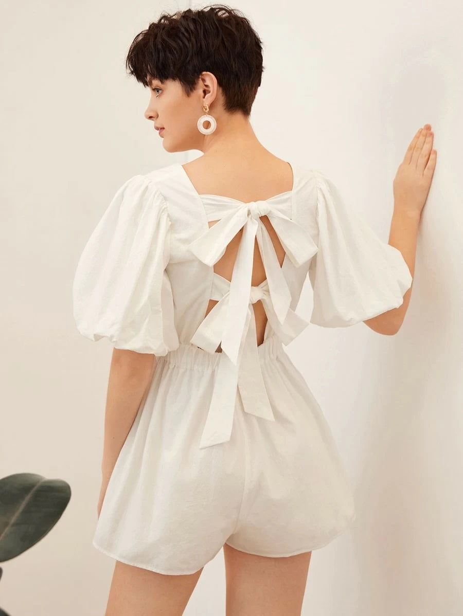CM-JS323000 Women Casual Seoul Style V-Neck Tie Back Puff Sleeve Pleated Detail Romper - White