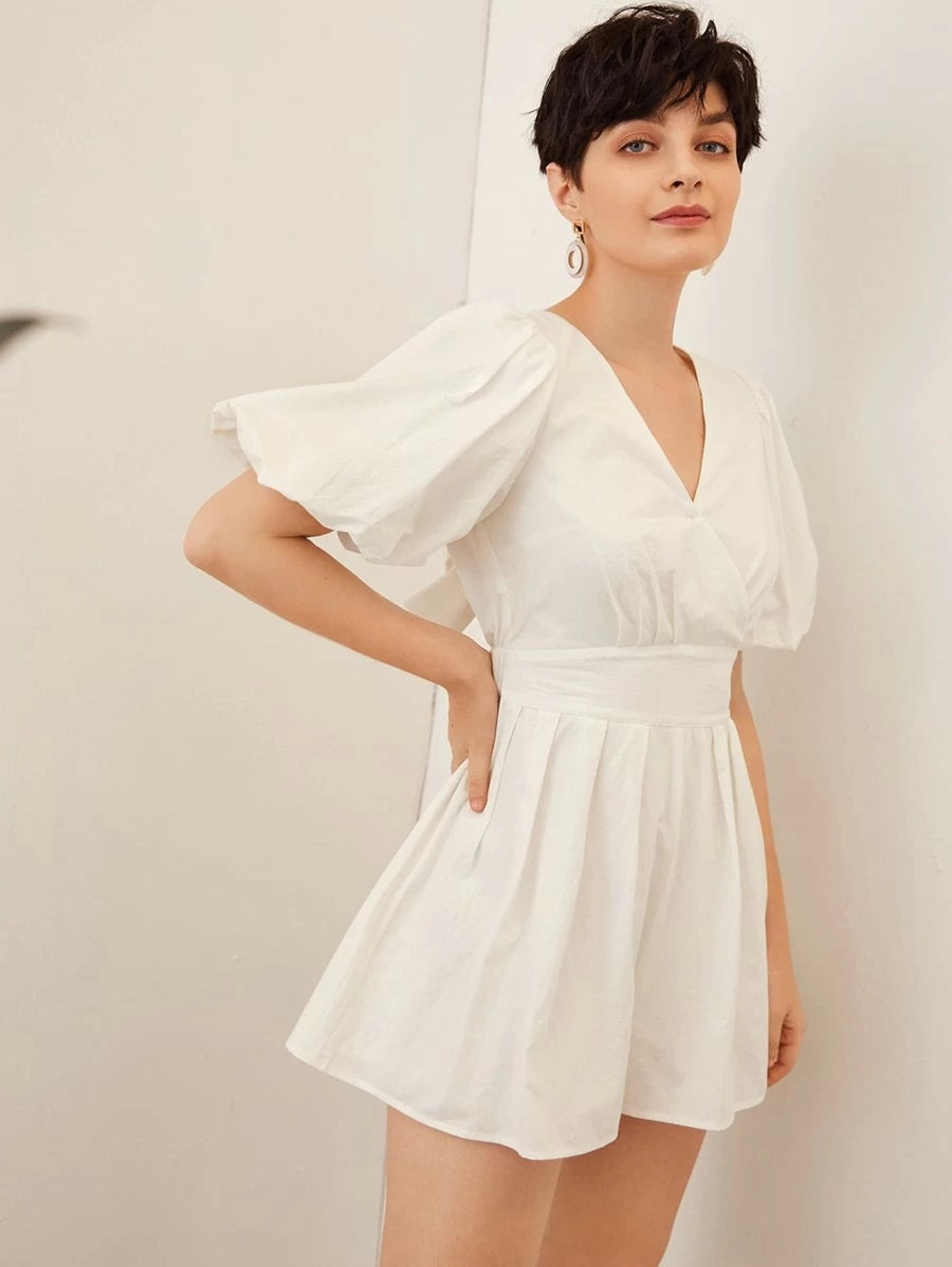 CM-JS323000 Women Casual Seoul Style V-Neck Tie Back Puff Sleeve Pleated Detail Romper - White