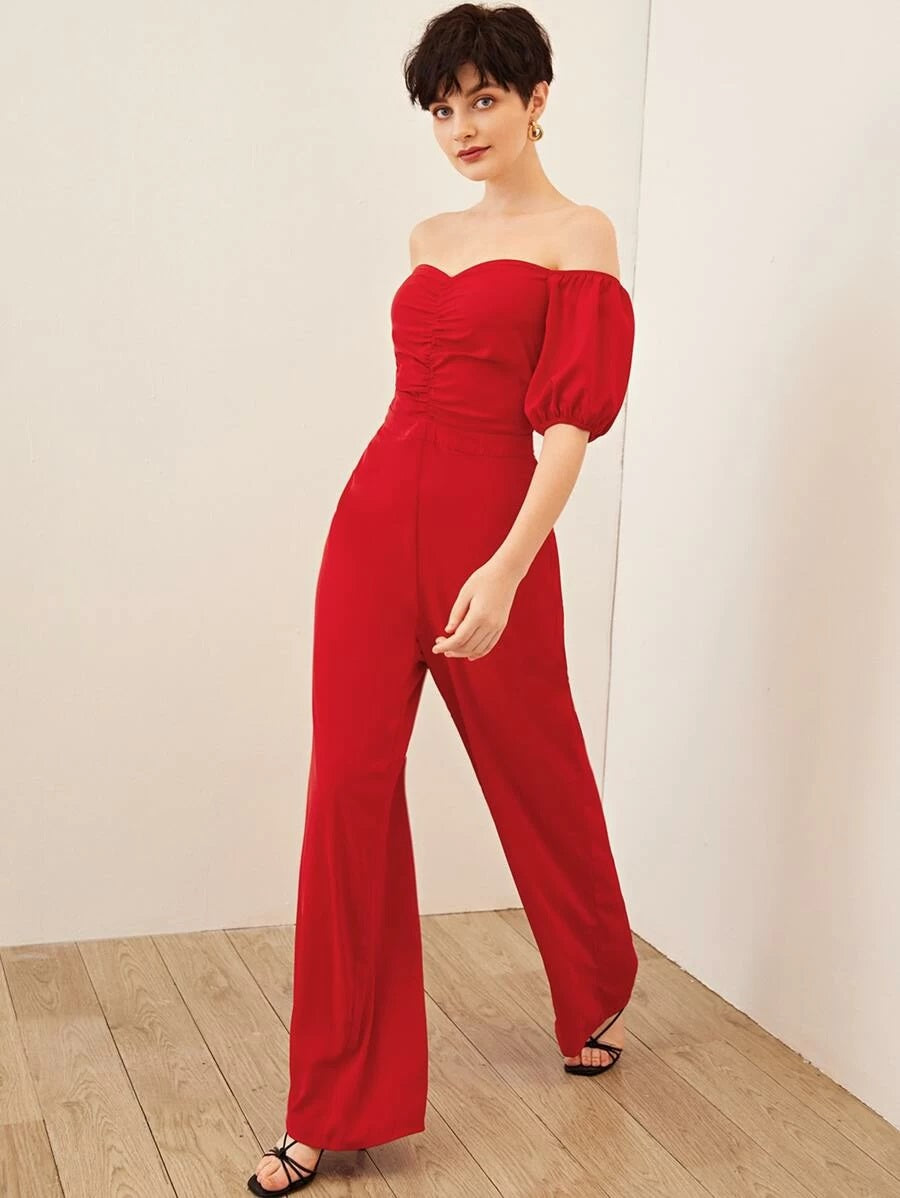 CM-JS325129 Women Elegant Seoul Style Off Shoulder Puff Sleeve Shirred Back Jumpsuit - Red