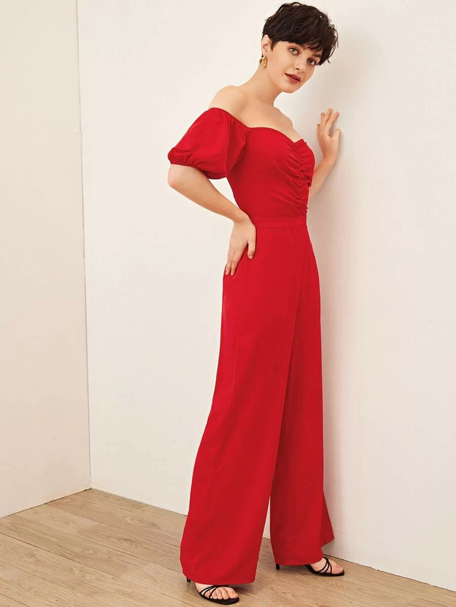 CM-JS325129 Women Elegant Seoul Style Off Shoulder Puff Sleeve Shirred Back Jumpsuit - Red
