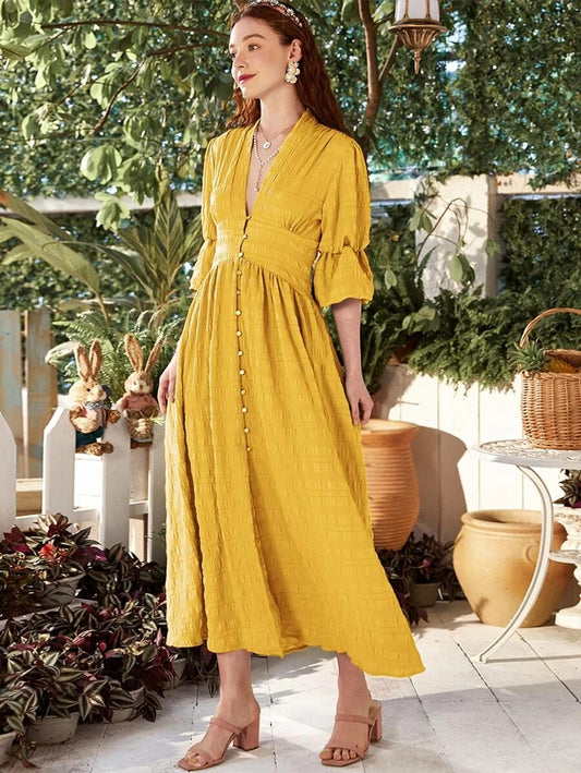 CM-DS428295 Women Elegant Seoul Style Plunging Neck Flounce Sleeve A-Line Long Dress - Yellow