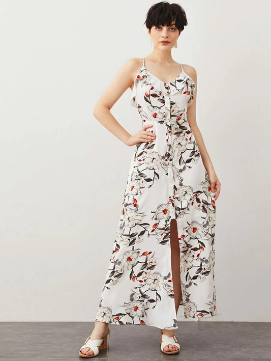 CM-DS428153 Women Trendy Bohemian Style Sleeveless Floral Print Slit Front Maxi Cami Dress - White