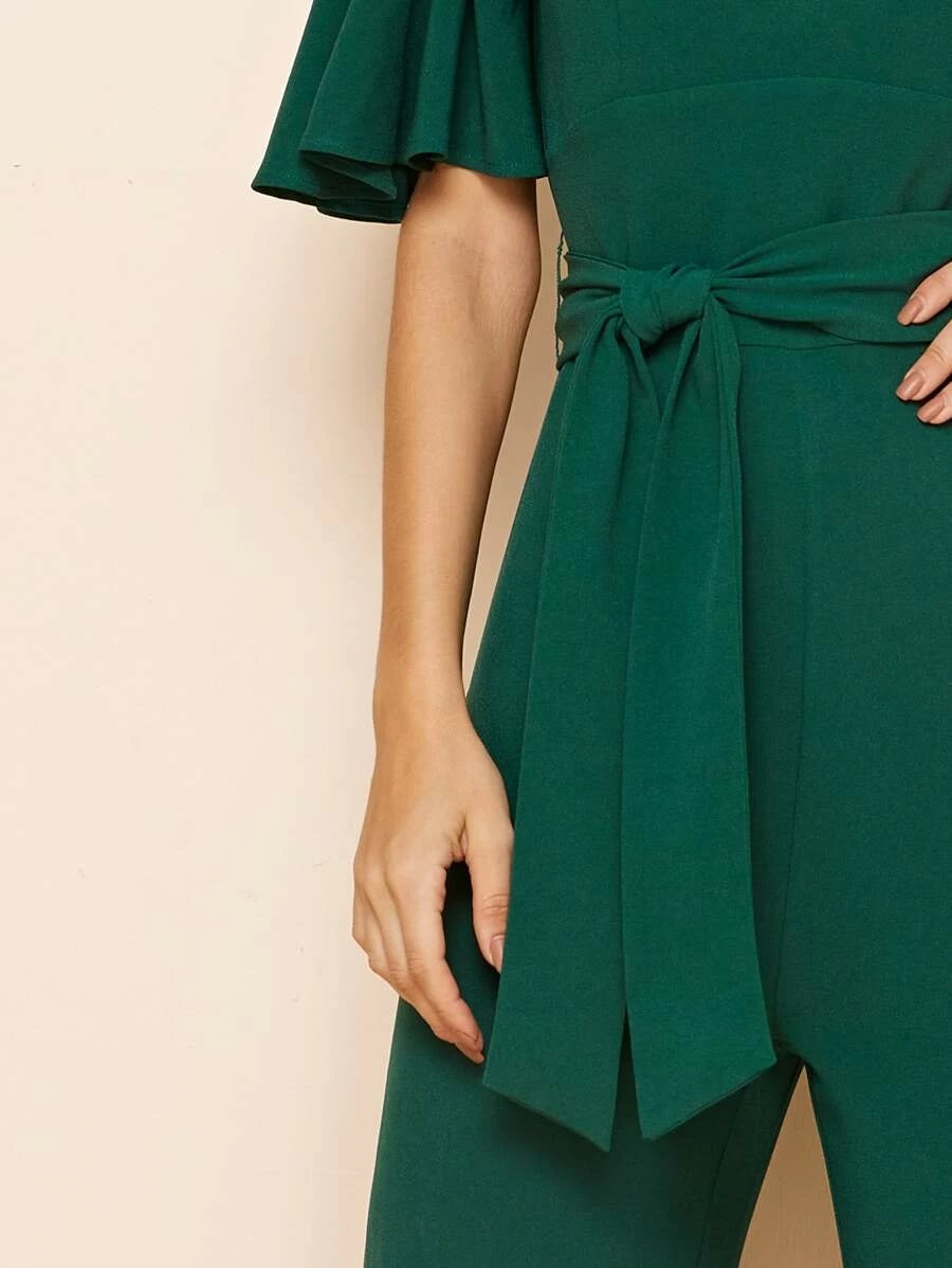 CM-JS417472 Women Elegant Seoul Style V-Neck Bell Sleeve Self Belted Wide Leg Jumpsuit - Green