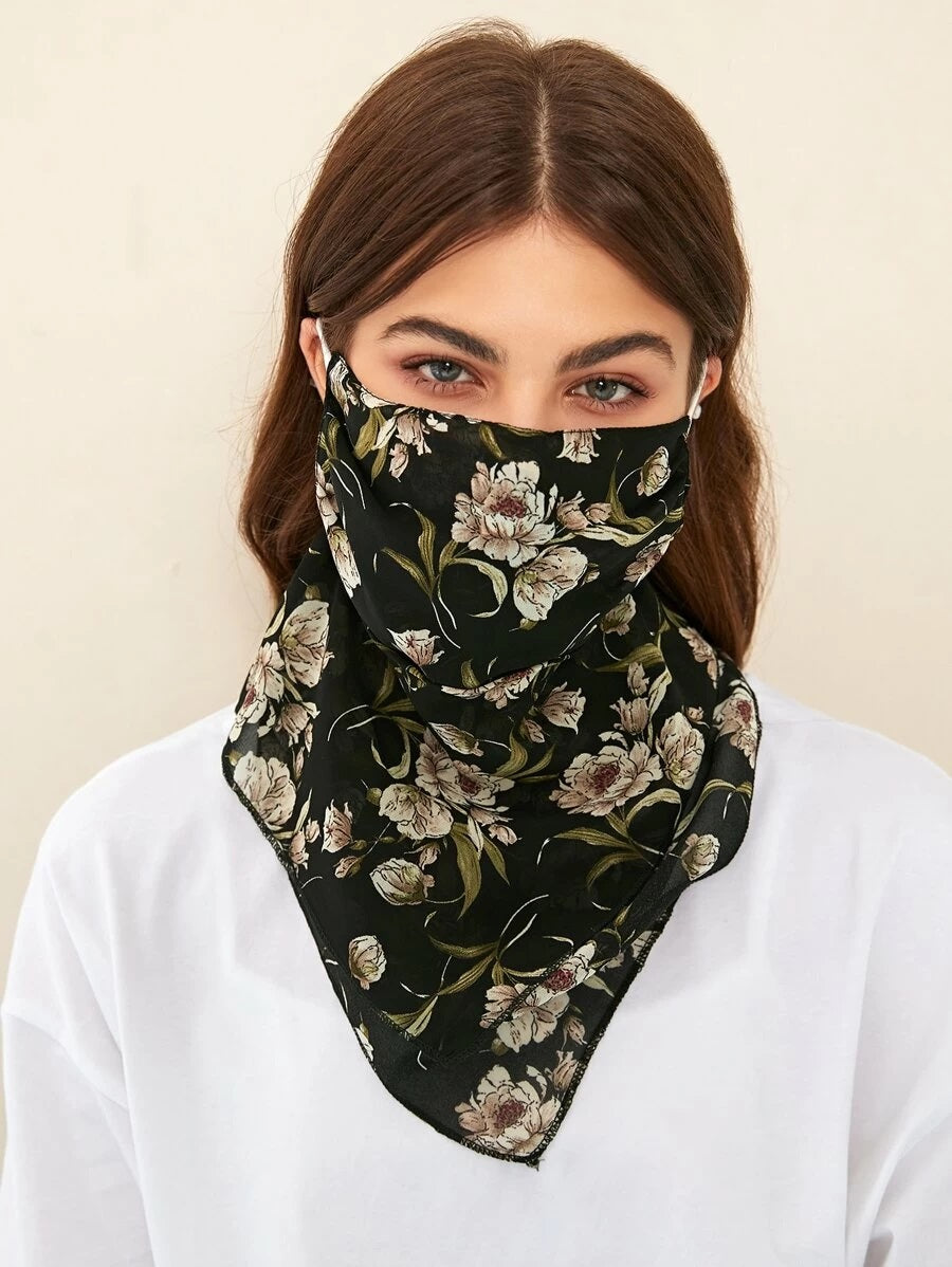 CM-FS415153 Women Floral Pattern Silk Scarf Mask - Black