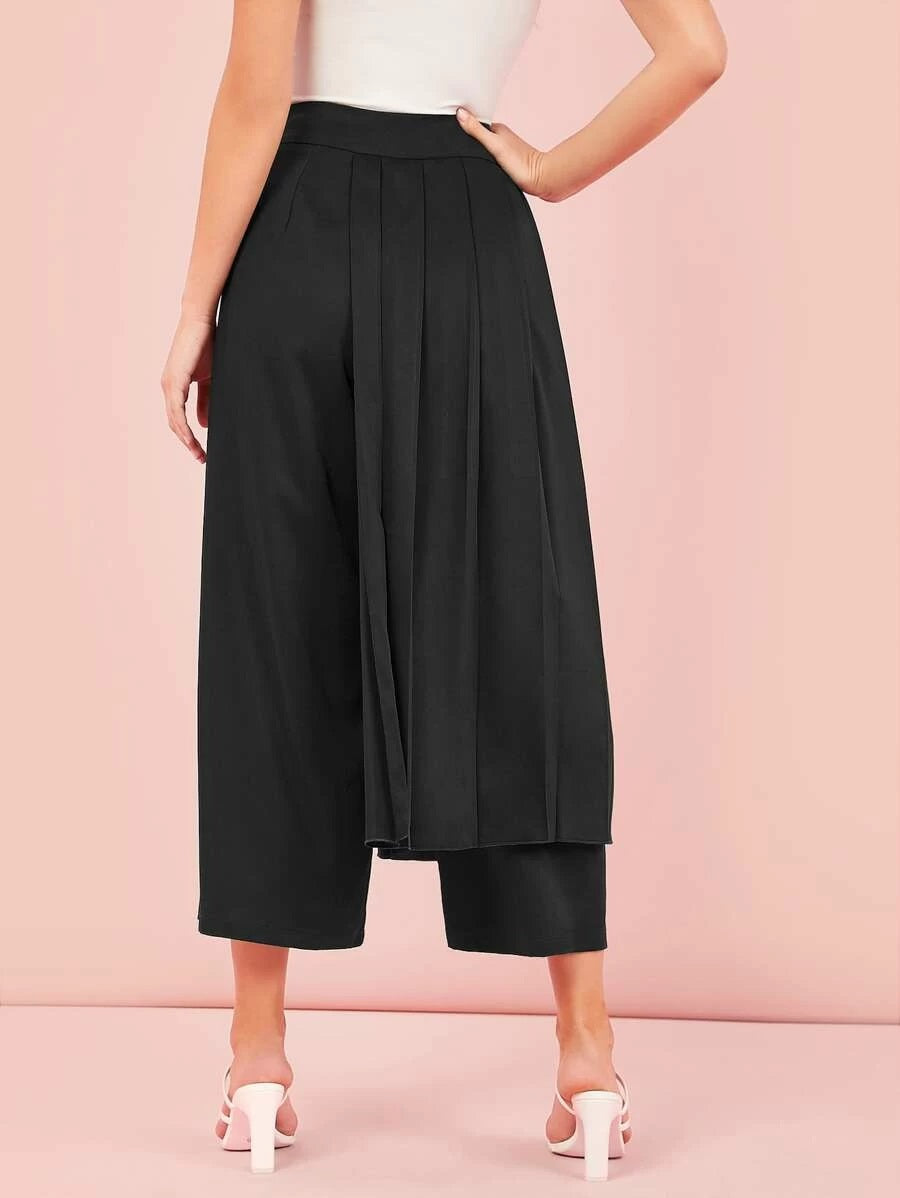 CM-BS427909 Women Casual Seoul Style High Waist Pleated Foldover Wide Leg Cropped Pants - Black