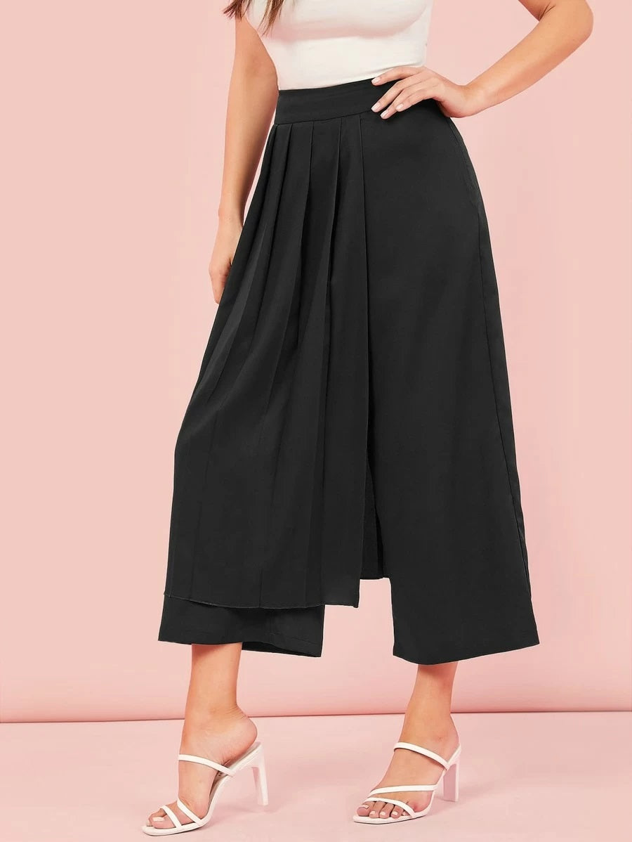 CM-BS427909 Women Casual Seoul Style High Waist Pleated Foldover Wide Leg Cropped Pants - Black