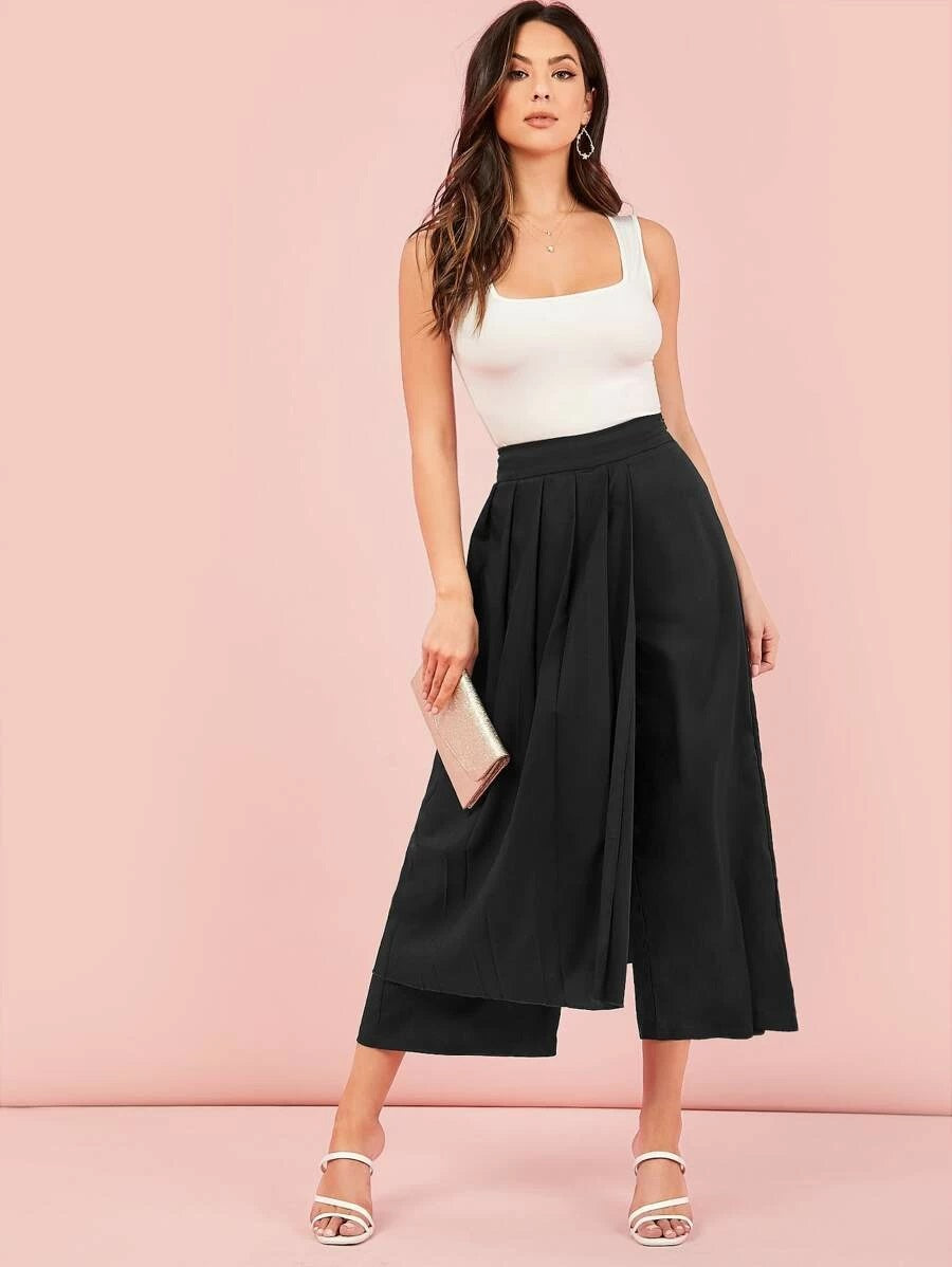 CM-BS427909 Women Casual Seoul Style High Waist Pleated Foldover Wide Leg Cropped Pants - Black