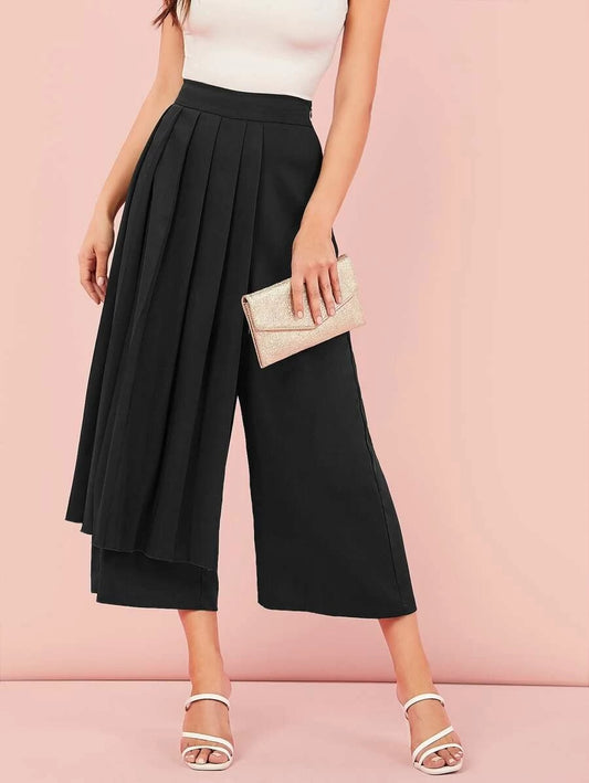 CM-BS427909 Women Casual Seoul Style High Waist Pleated Foldover Wide Leg Cropped Pants - Black