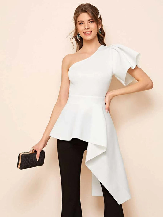 CM-TS410264 Women Elegant Seoul Style One Shoulder Asymmetrical Hem Peplum Top - White
