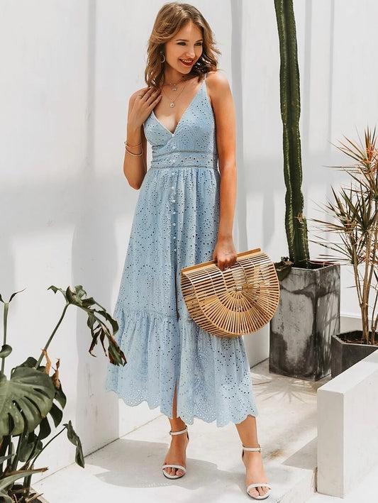 CM-ES416440 Women Elegant Seoul Style Button Front Eyelet Lace Insert Schiffy Cami Dress - Blue