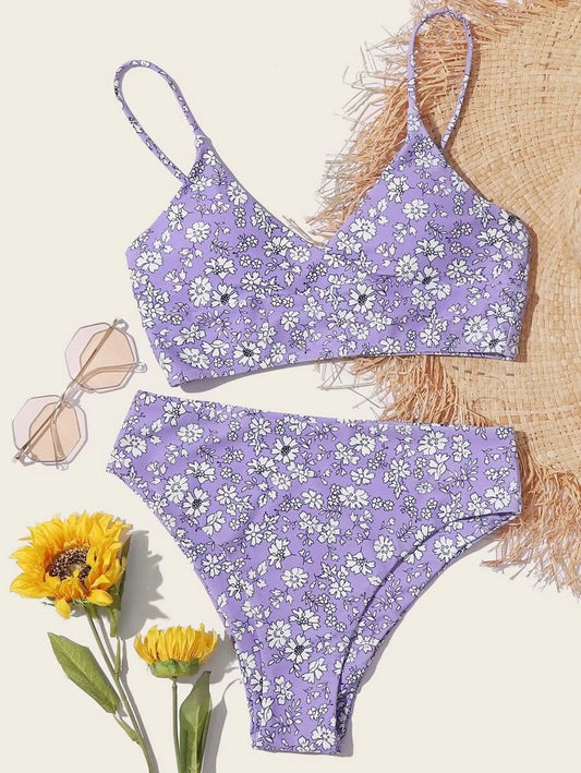 CM-SWS430307 Women Trendy Seoul Style Ditsy Floral High Waisted Bikini Swimsuit - Purple