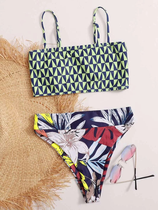 CM-SWS504310 Women Trendy Seoul Style Square Neck Floral Print High Waisted Bikini Swimsuit
