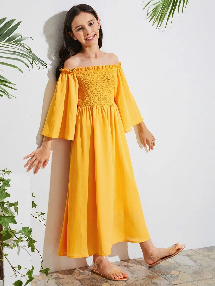 CM-KDS504181 Girls Trendy Bohemian Style Frill Trim Shirred Bodice Bell Sleeve Dress - Yellow