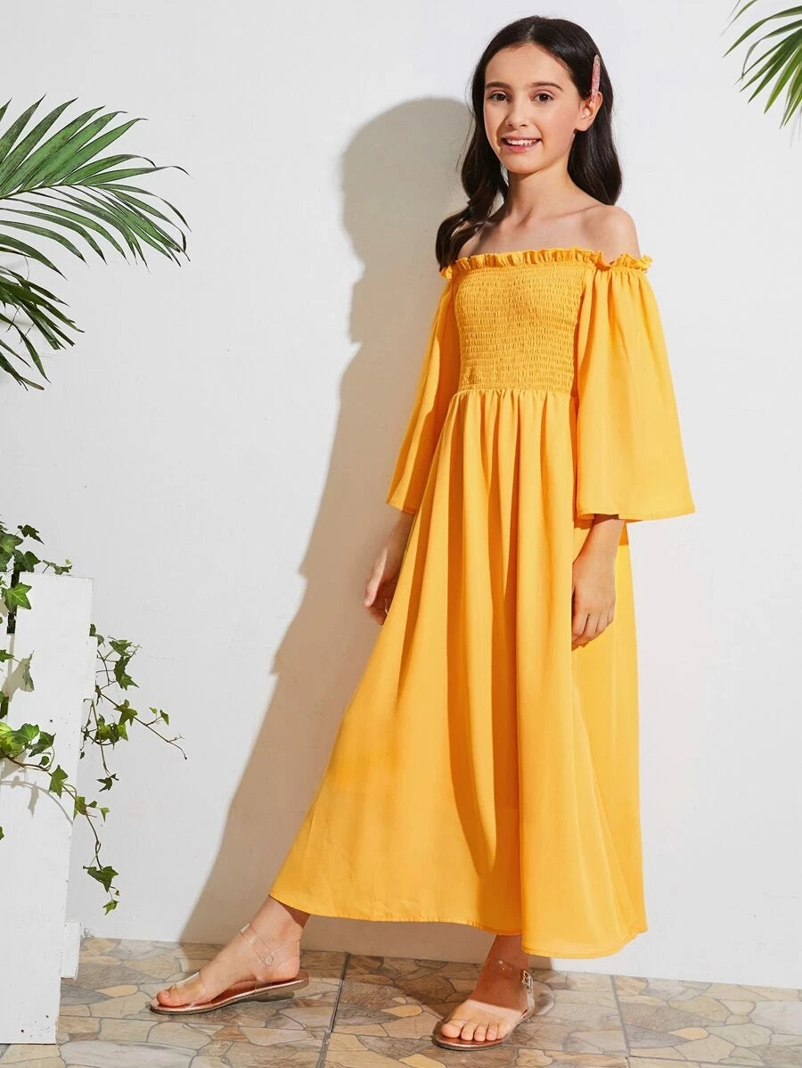 CM-KDS504181 Girls Trendy Bohemian Style Frill Trim Shirred Bodice Bell Sleeve Dress - Yellow