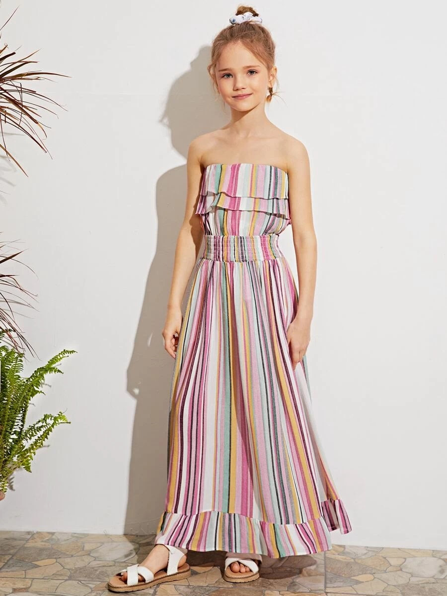 CM-KDS430420 Girls Trendy Bohemian Style Shirred Waist Layered Ruffle Striped Tube Dress