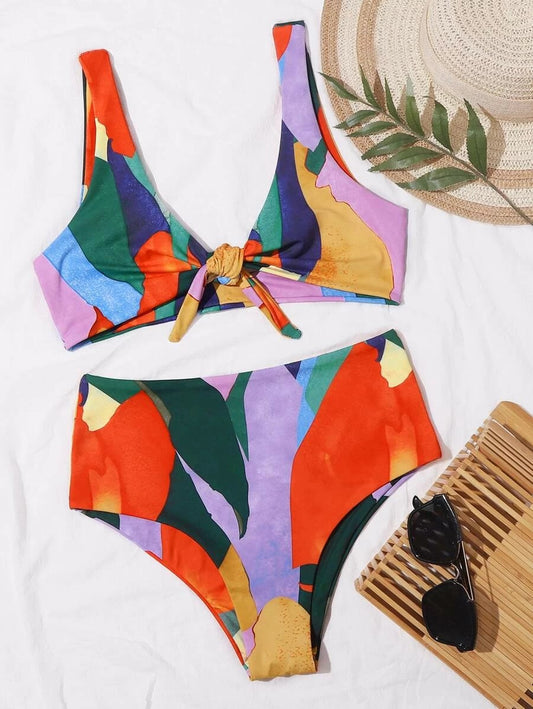 CM-SWS504321 Women Trendy Seoul Style Allover Graphic Knot Front Bikini Swimsuit