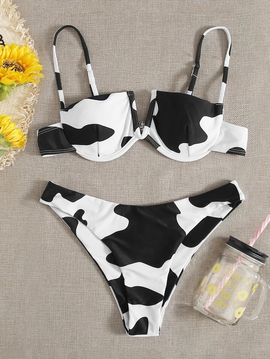 CM-SWS504027 Women Trendy Seoul Style Cow Pattern Wired Underwire Bikini Swimsuit