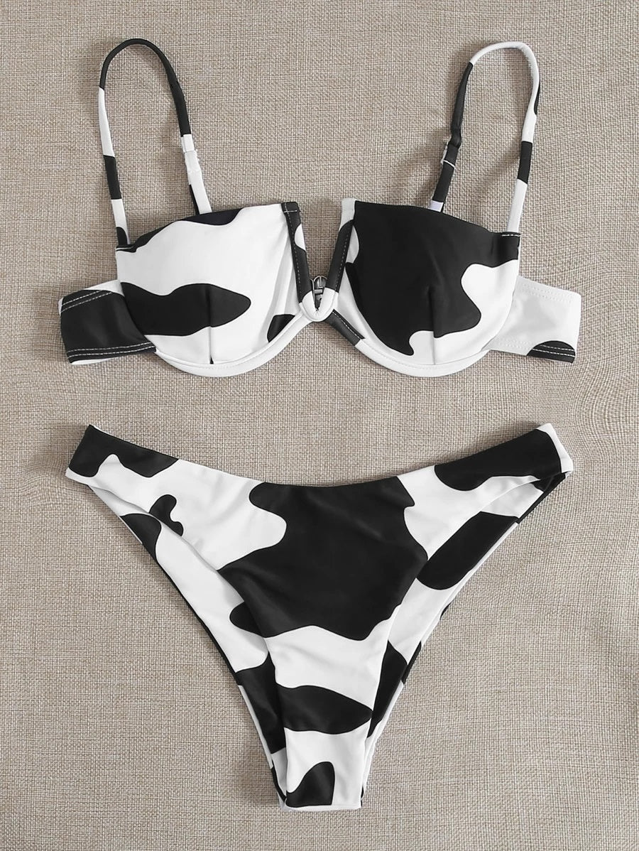 CM-SWS504027 Women Trendy Seoul Style Cow Pattern Wired Underwire Bikini Swimsuit