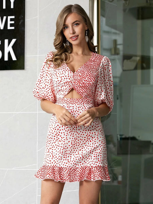 CM-DS504954 Women Trendy Bohemian Style V-Neck Ruched Cut-Out Ruffle Hem Dalmatian Dress