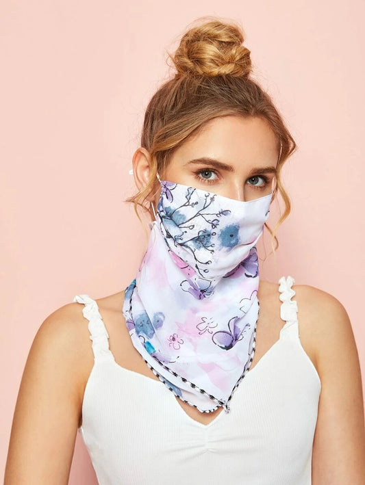 CM-FS421424 Women Floral Pattern Sunscreen Scarf Mask - Blue