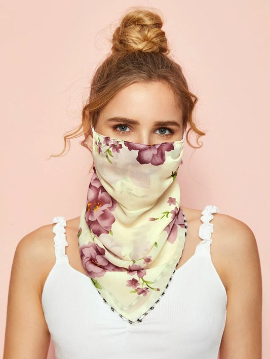 CM-FS421123 Women Floral Pattern Scarf Mask - Beige